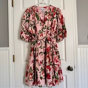 Gibson Latimer Women’s Extra Large floral pink eyelet tiered dress puff sleeves